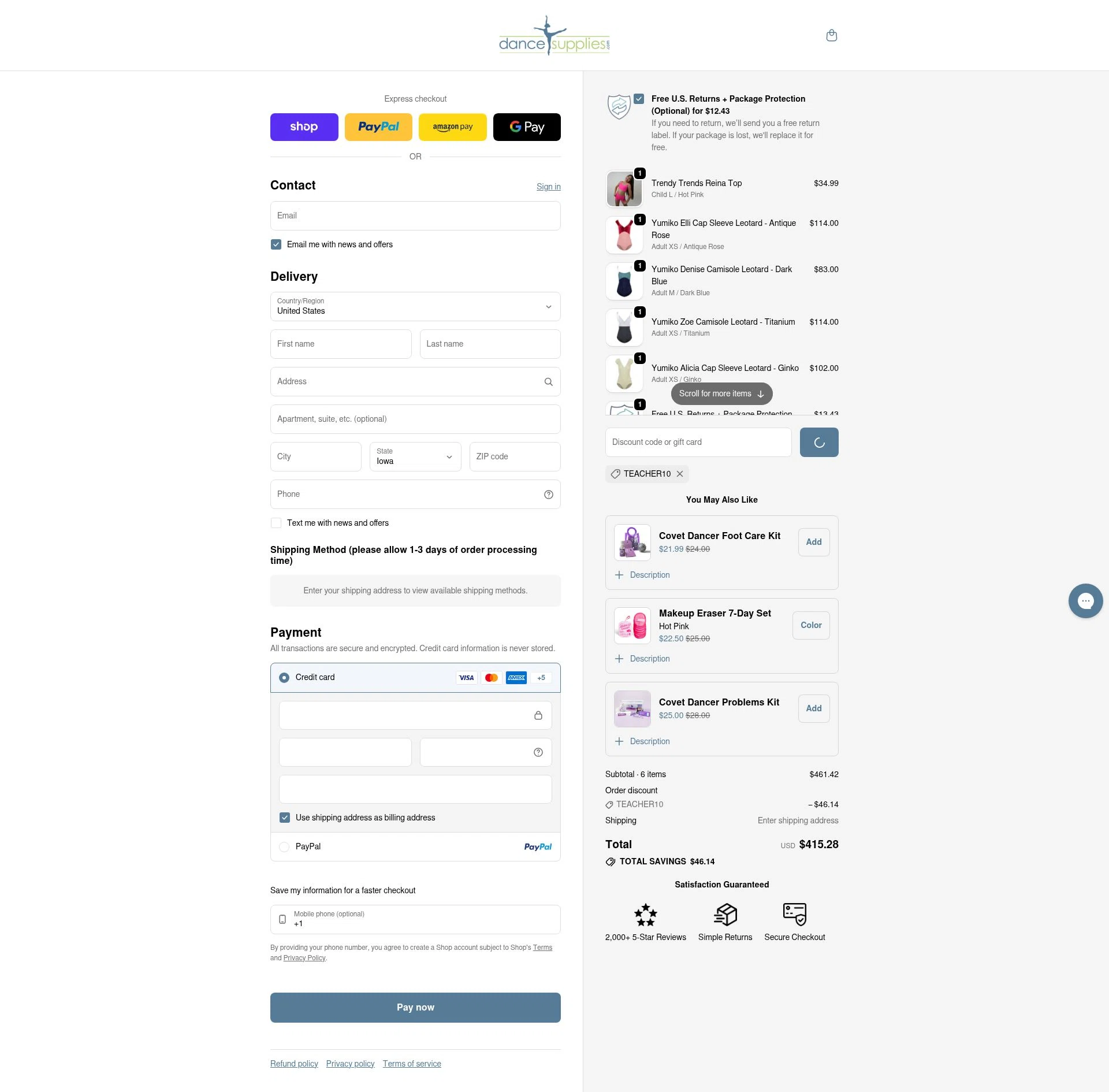DanceSupplies checkout page showing DanceSupplies promo code box | Screenshot taken by SimplyCodes community member on Feb 8, 2026