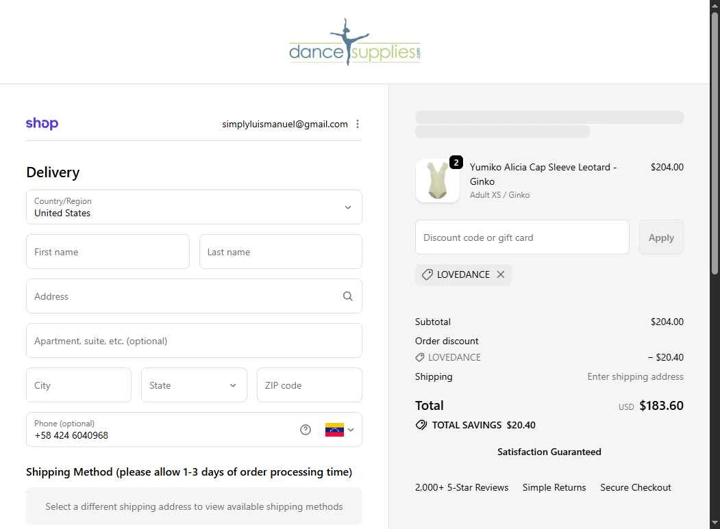 DanceSupplies checkout page showing DanceSupplies promo code box | Screenshot taken by SimplyCodes community member on Feb 9, 2026