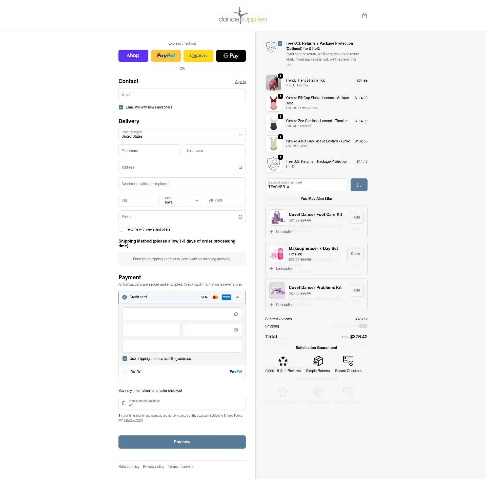 DanceSupplies checkout page showing DanceSupplies promo code box | Screenshot taken by SimplyCodes community member on Feb 17, 2026