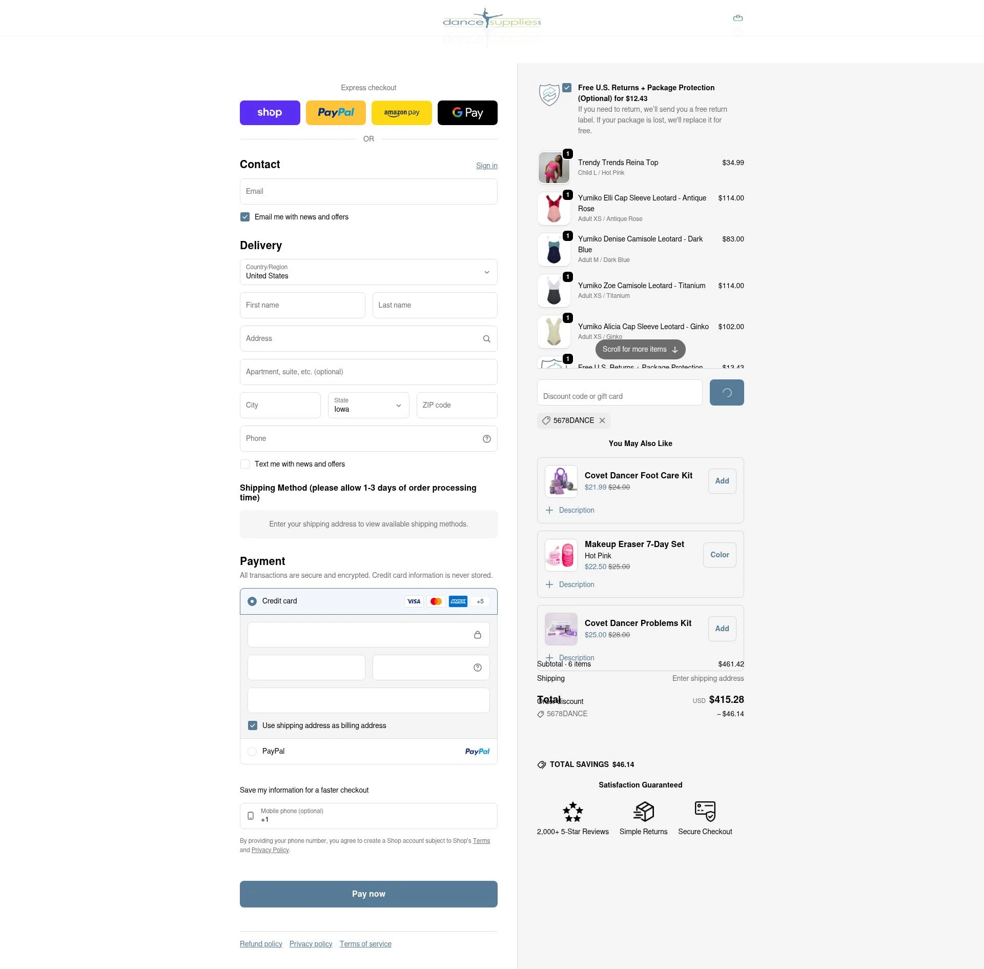 DanceSupplies checkout page showing DanceSupplies promo code box | Screenshot taken by SimplyCodes community member on Feb 13, 2026