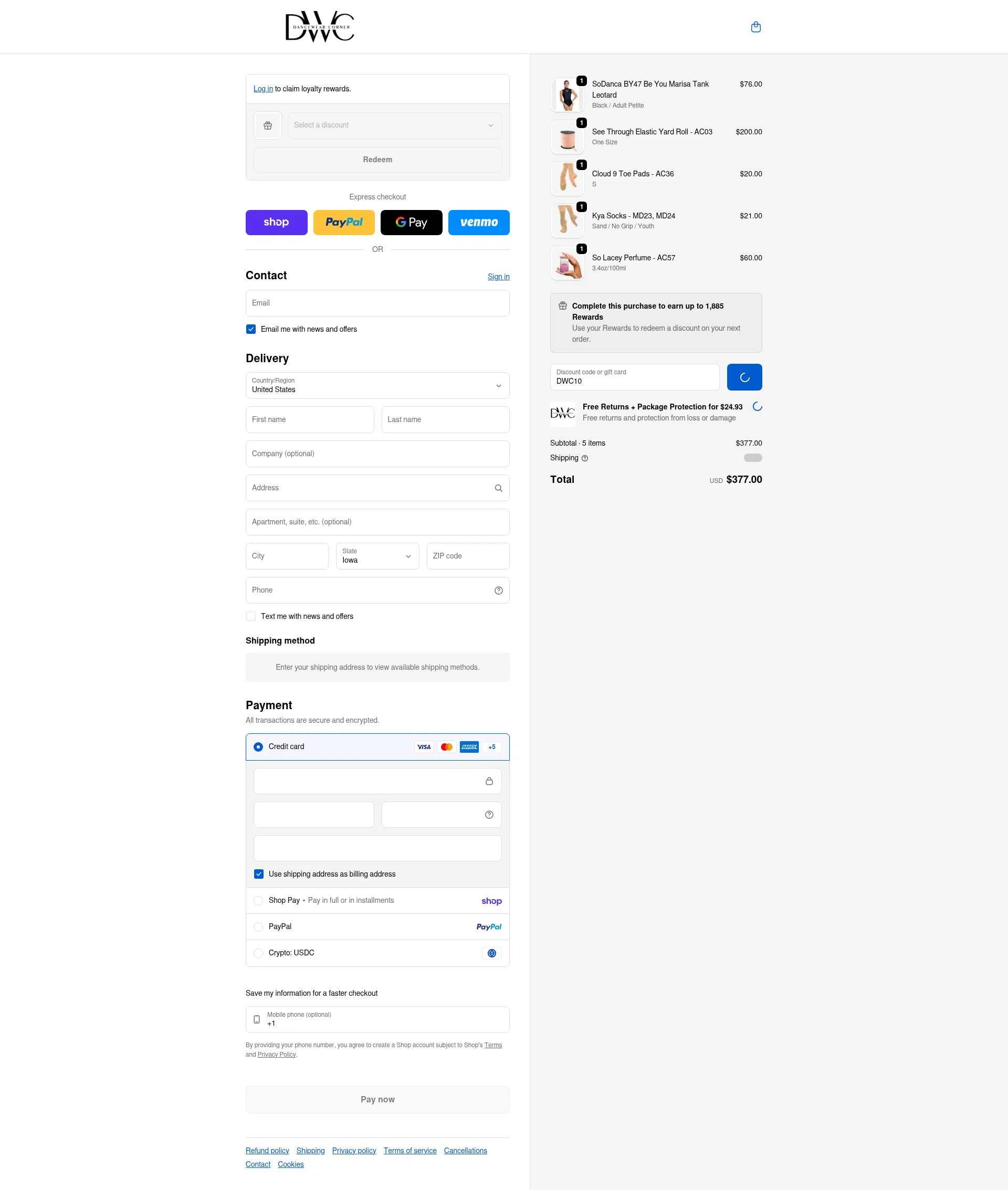 Dancewear Corner checkout page showing Dancewear Corner promo code box | Screenshot taken by SimplyCodes community member on Feb 14, 2026