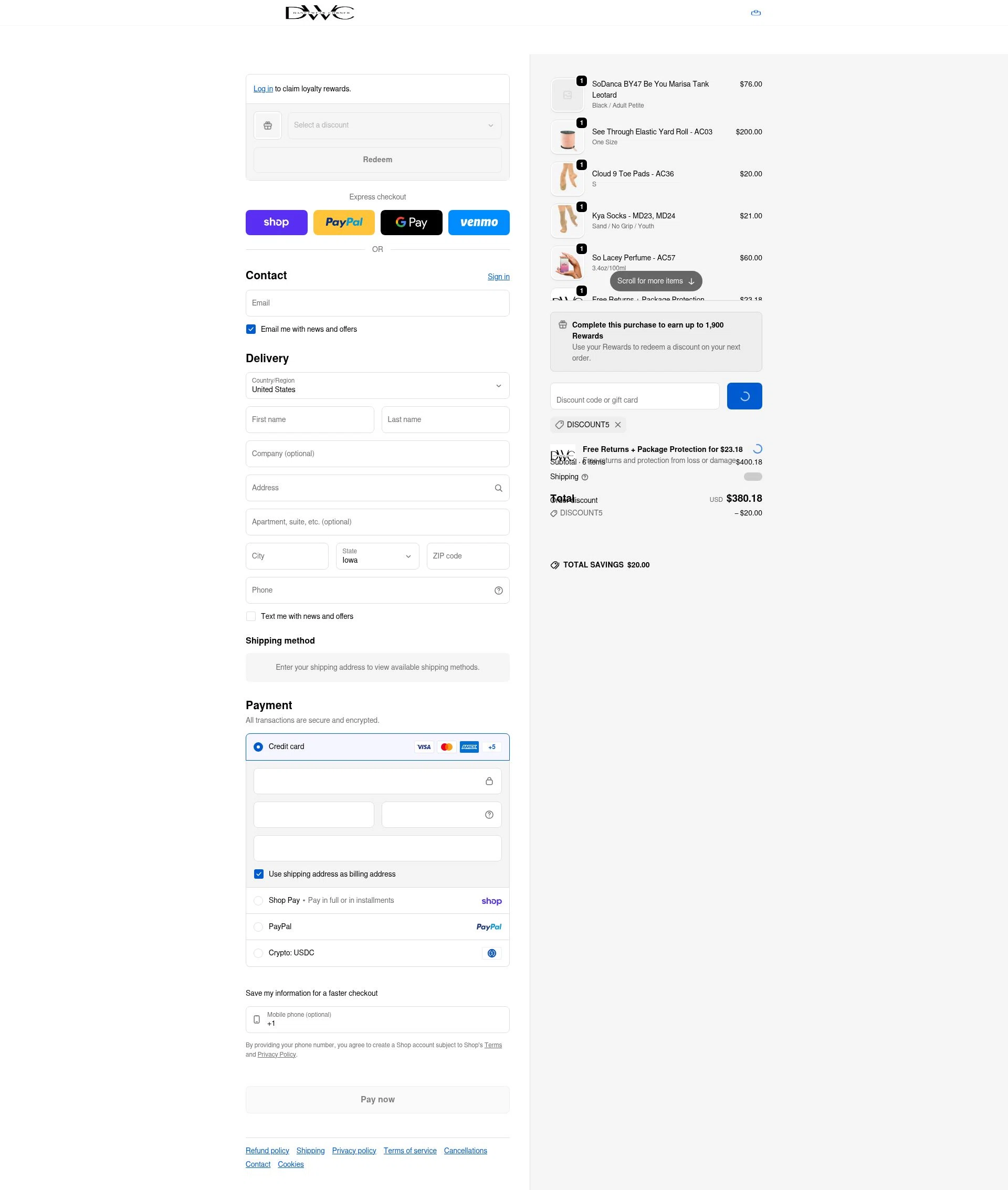 Dancewear Corner checkout page showing Dancewear Corner promo code box | Screenshot taken by SimplyCodes community member on Feb 10, 2026