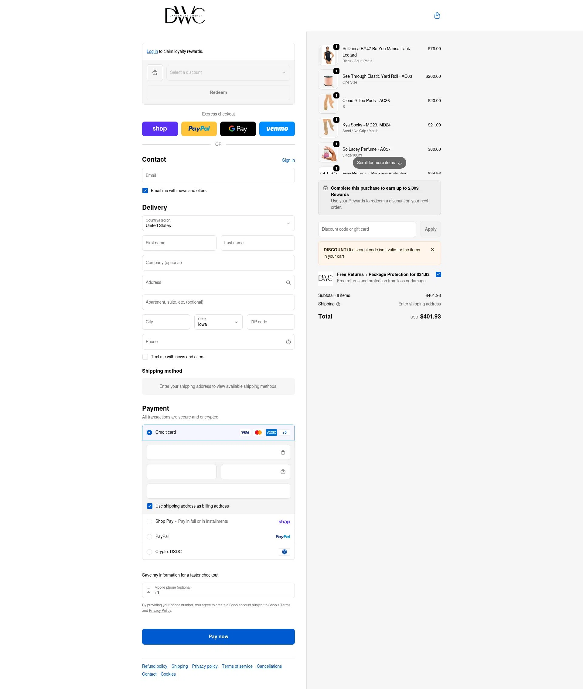 Dancewear Corner checkout page showing Dancewear Corner promo code box | Screenshot taken by SimplyCodes community member on Feb 14, 2026