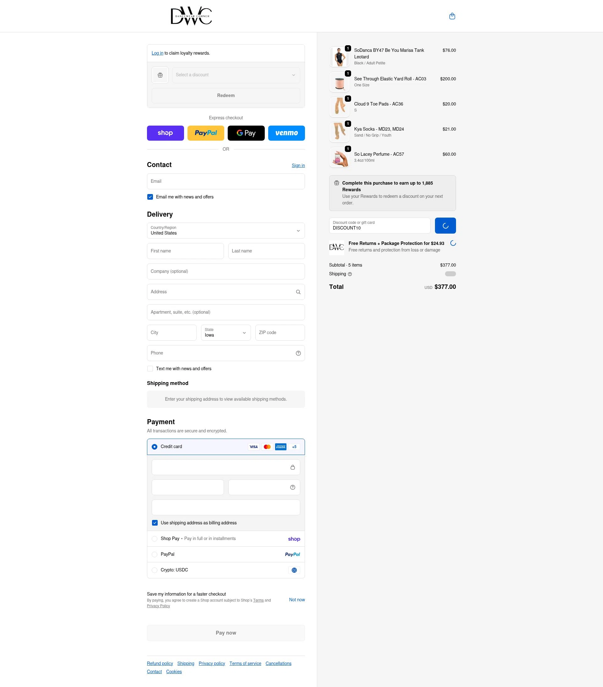 Dancewear Corner checkout page showing Dancewear Corner promo code box | Screenshot taken by SimplyCodes community member on Feb 19, 2026