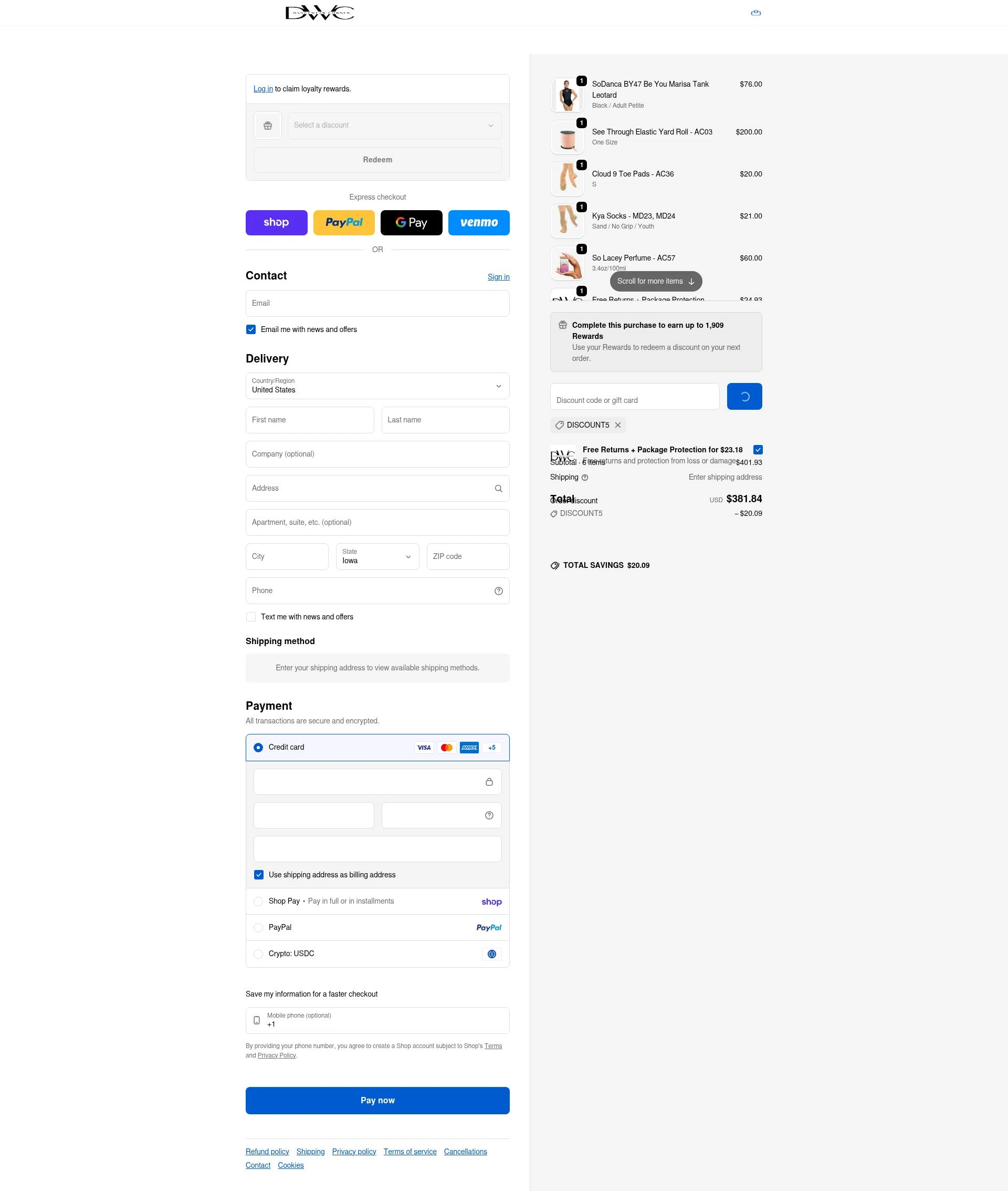 Dancewear Corner checkout page showing Dancewear Corner promo code box | Screenshot taken by SimplyCodes community member on Feb 14, 2026