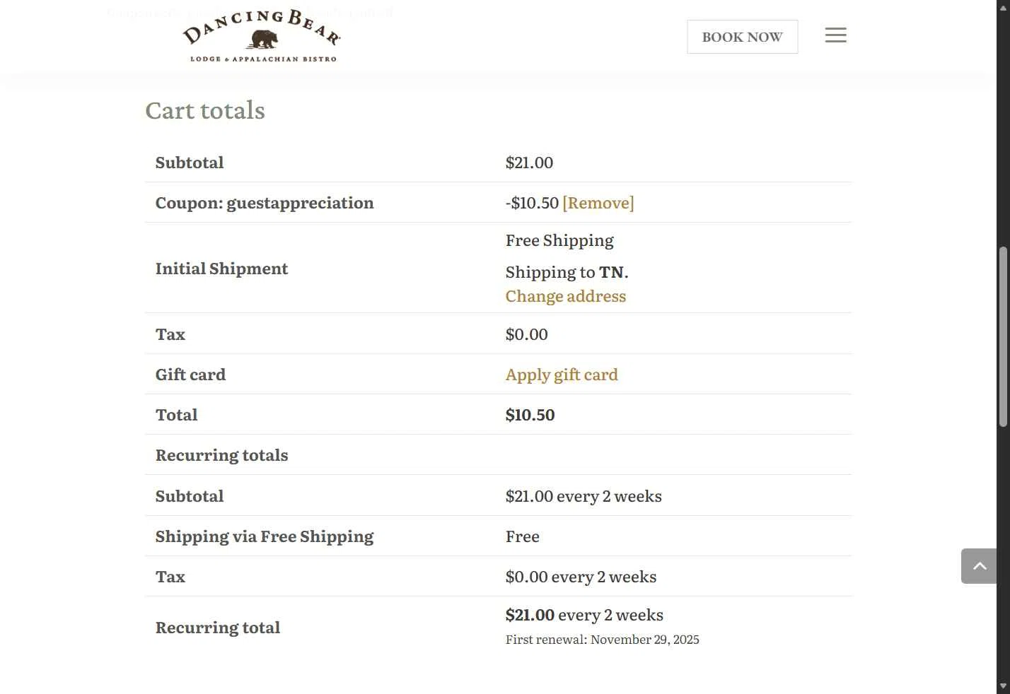 Dancing Bear Lodge checkout page showing Dancing Bear Lodge promo code box | Screenshot taken by SimplyCodes community member on Nov 15, 2025