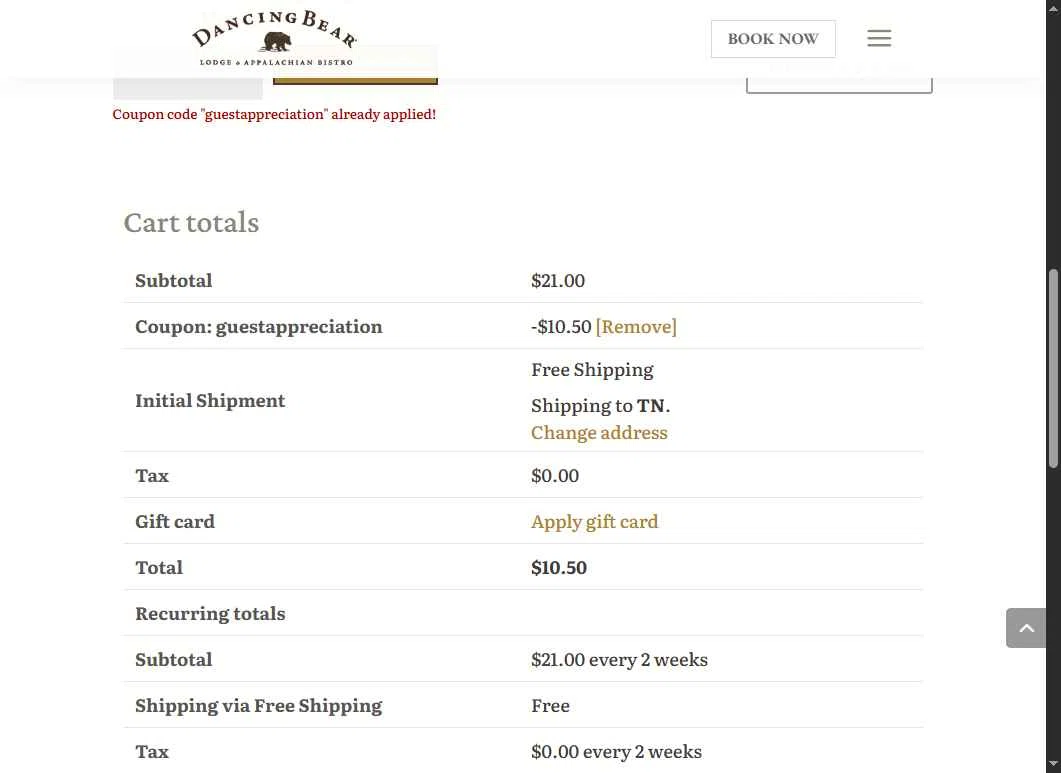 Dancing Bear Lodge checkout page showing Dancing Bear Lodge promo code box | Screenshot taken by SimplyCodes community member on Dec 14, 2025