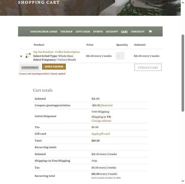 Dancing Bear Lodge checkout page showing Dancing Bear Lodge promo code box | Screenshot taken by SimplyCodes community member on Oct 17, 2025