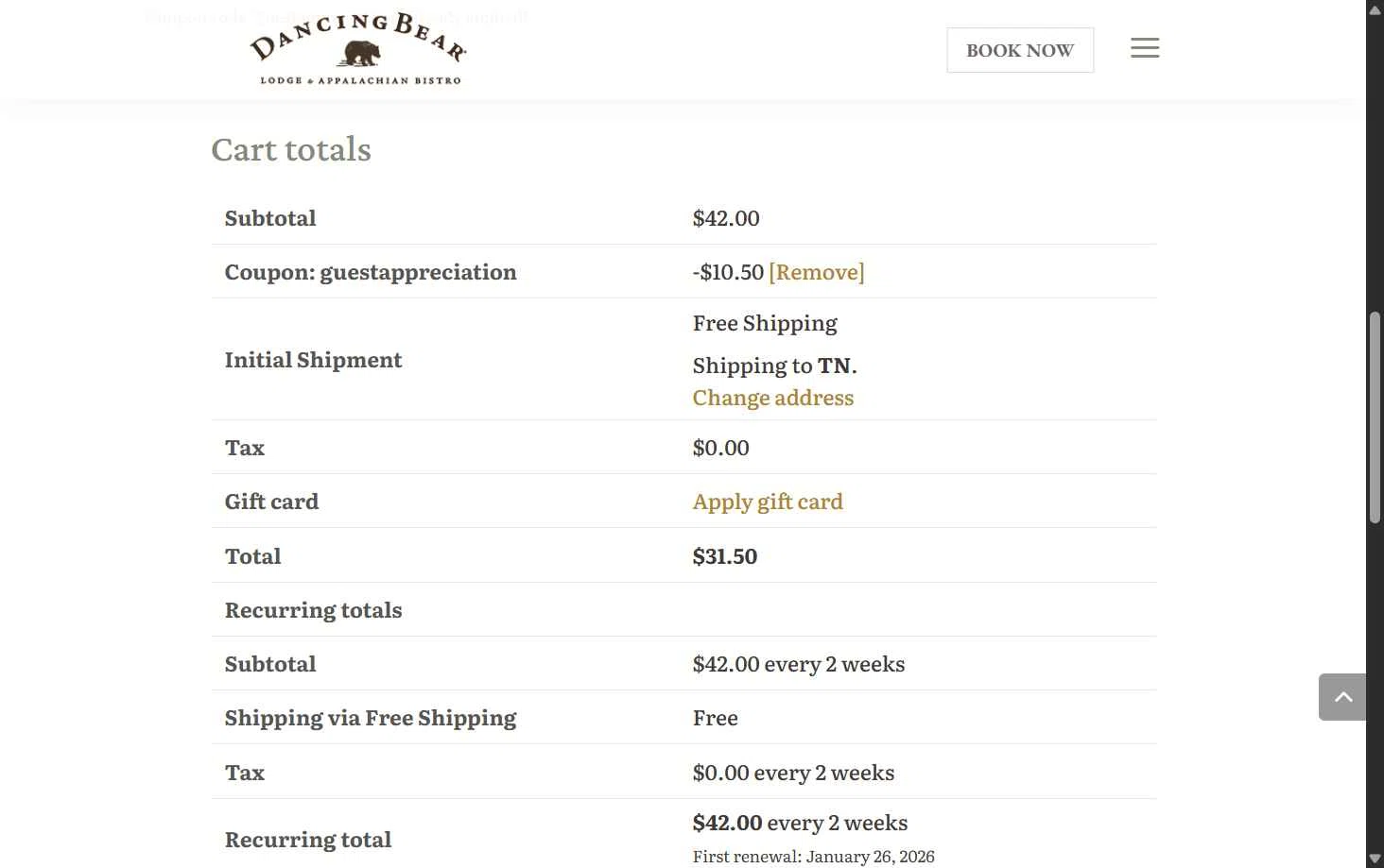 Dancing Bear Lodge checkout page showing Dancing Bear Lodge promo code box | Screenshot taken by SimplyCodes community member on Jan 12, 2026