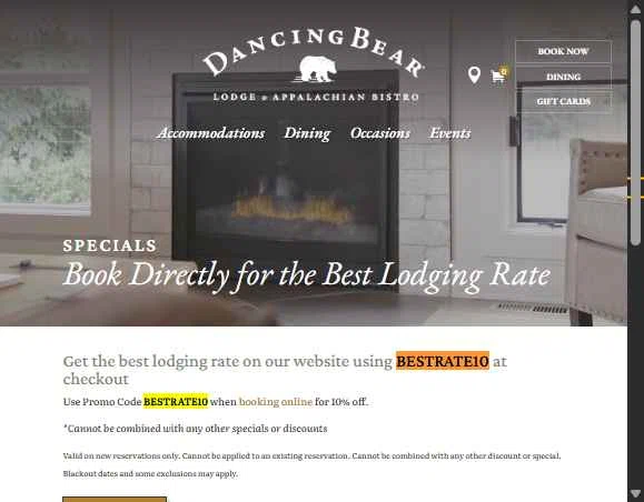 Dancing Bear Lodge checkout page showing Dancing Bear Lodge promo code box | Screenshot taken by SimplyCodes community member on Nov 19, 2025