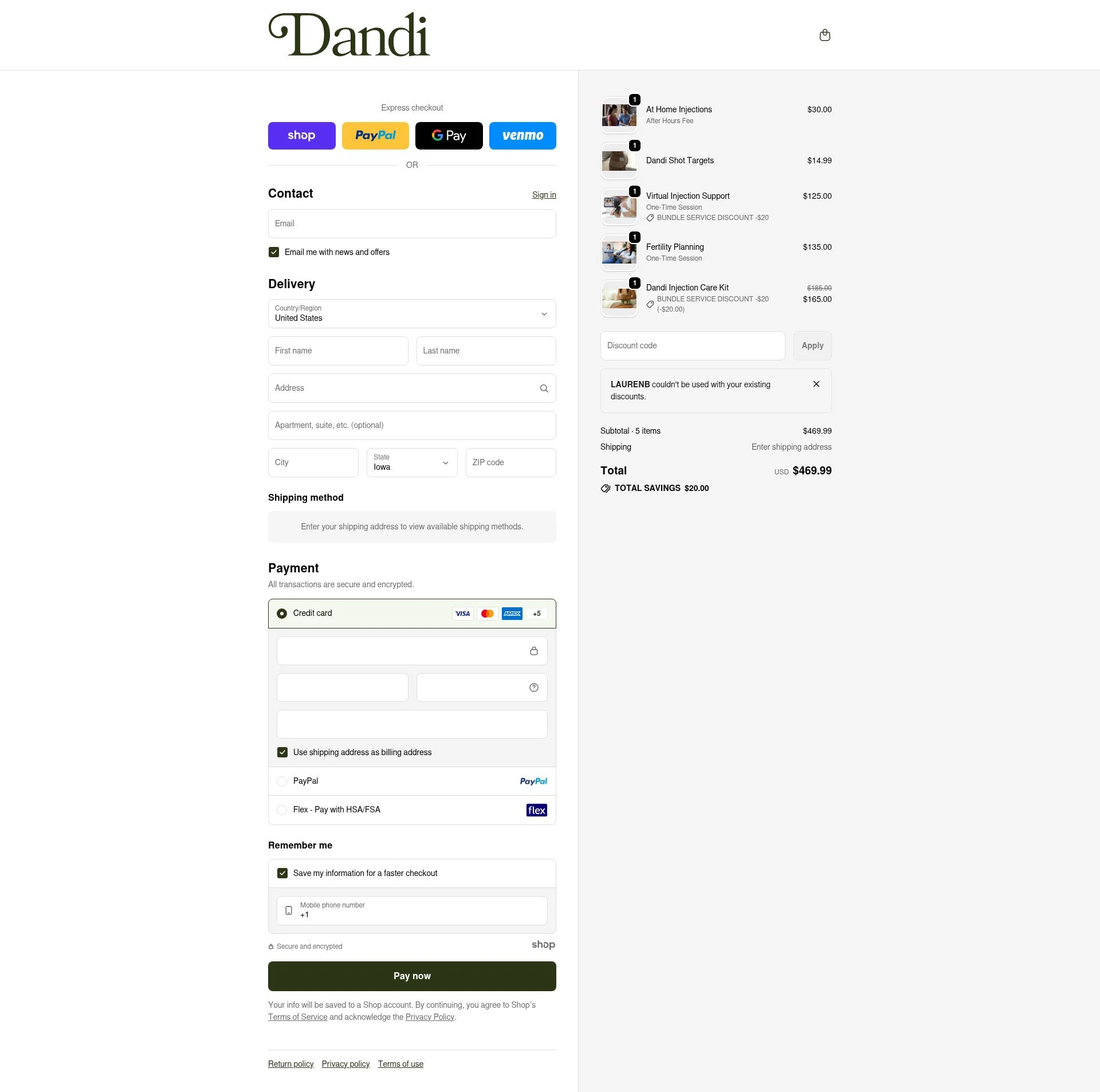 Dandi Fertility checkout page showing Dandi Fertility promo code box | Screenshot taken by SimplyCodes community member on Jan 2, 2026