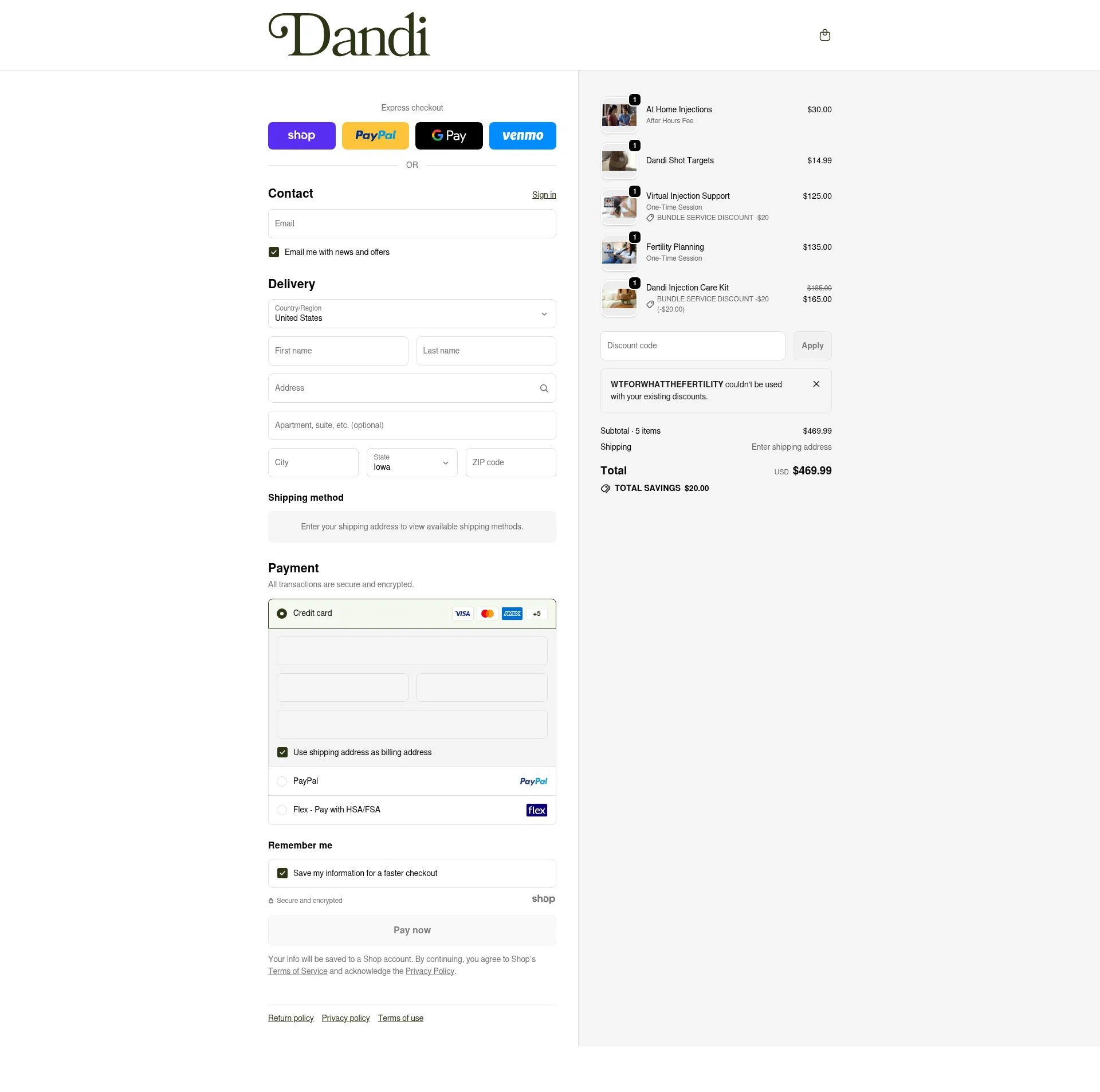 Dandi Fertility checkout page showing Dandi Fertility promo code box | Screenshot taken by SimplyCodes community member on Jan 2, 2026