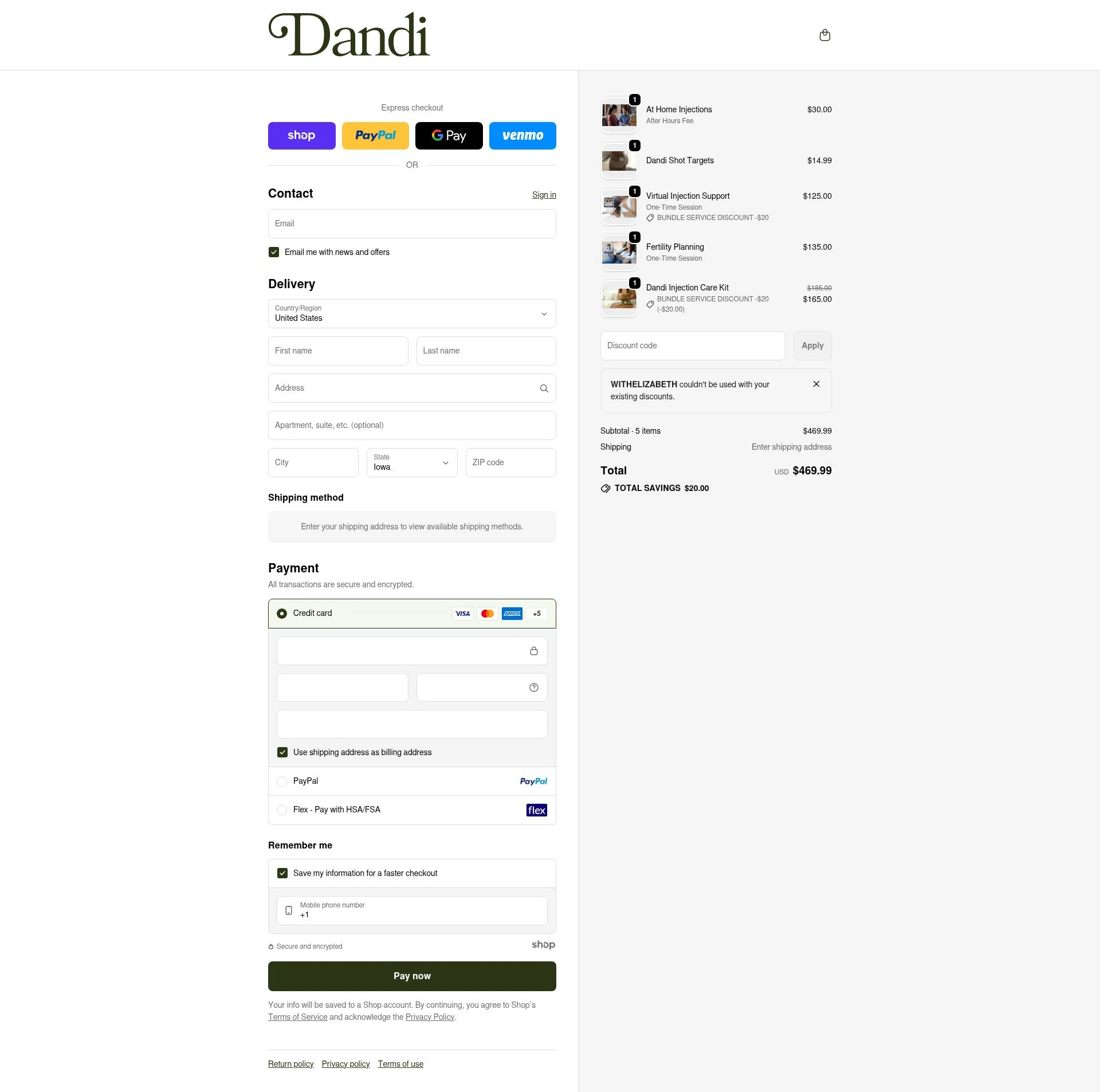 Dandi Fertility checkout page showing Dandi Fertility promo code box | Screenshot taken by SimplyCodes community member on Jan 2, 2026