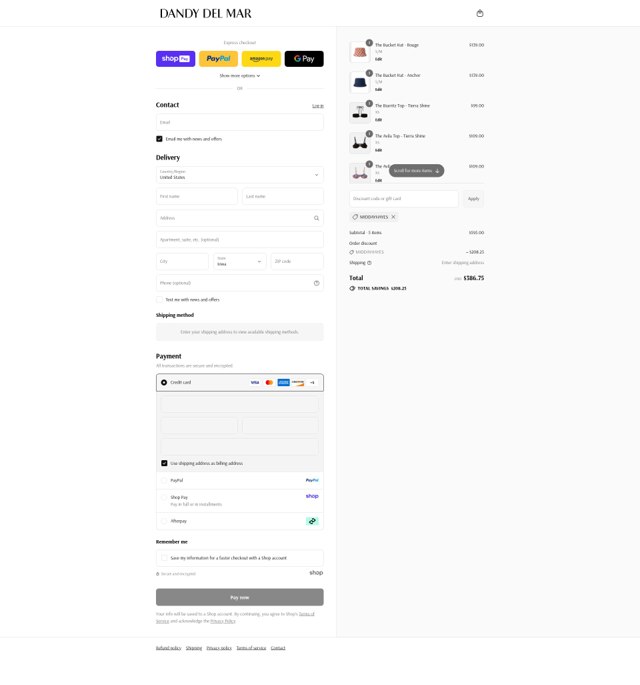 Dandy Del Mar checkout page showing Dandy Del Mar discount code box | Screenshot taken by SimplyCodes community member on Aug 28, 2025