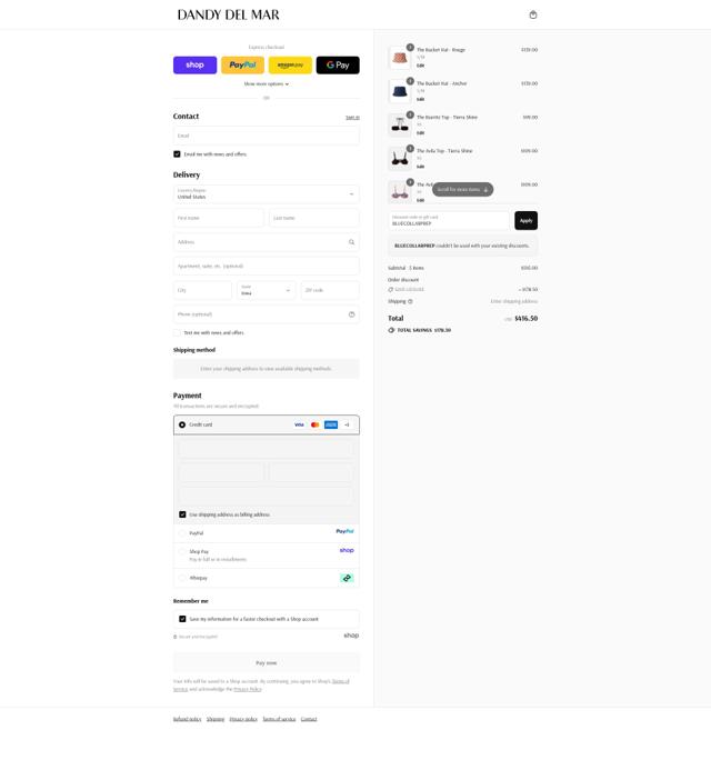 Dandy Del Mar checkout page showing Dandy Del Mar discount code box | Screenshot taken by SimplyCodes community member on Sep 10, 2025