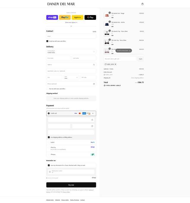 Dandy Del Mar checkout page showing Dandy Del Mar discount code box | Screenshot taken by SimplyCodes community member on Aug 24, 2025