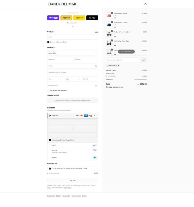 Dandy Del Mar checkout page showing Dandy Del Mar discount code box | Screenshot taken by SimplyCodes community member on Aug 28, 2025