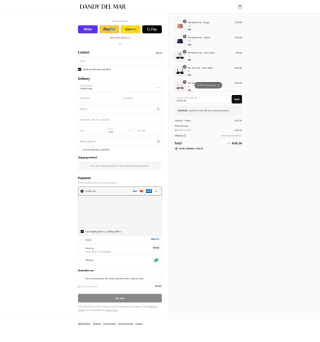 Dandy Del Mar checkout page showing Dandy Del Mar discount code box | Screenshot taken by SimplyCodes community member on Sep 10, 2025