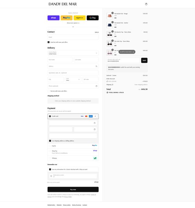 Dandy Del Mar checkout page showing Dandy Del Mar discount code box | Screenshot taken by SimplyCodes community member on Sep 10, 2025