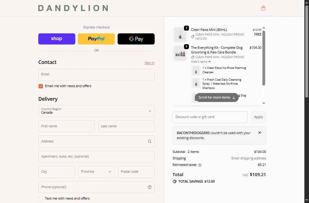 Dandylion checkout page showing Dandylion promo code box | Screenshot taken by SimplyCodes community member on Feb 4, 2026