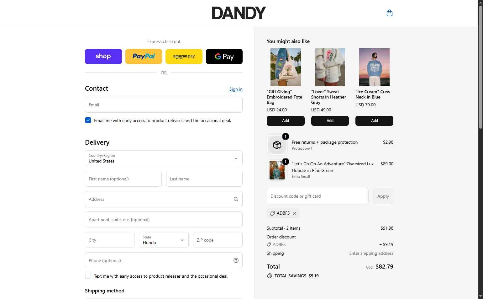 Dandy Worldwide checkout page showing Dandy Worldwide discount code box | Screenshot taken by SimplyCodes community member on Dec 3, 2025