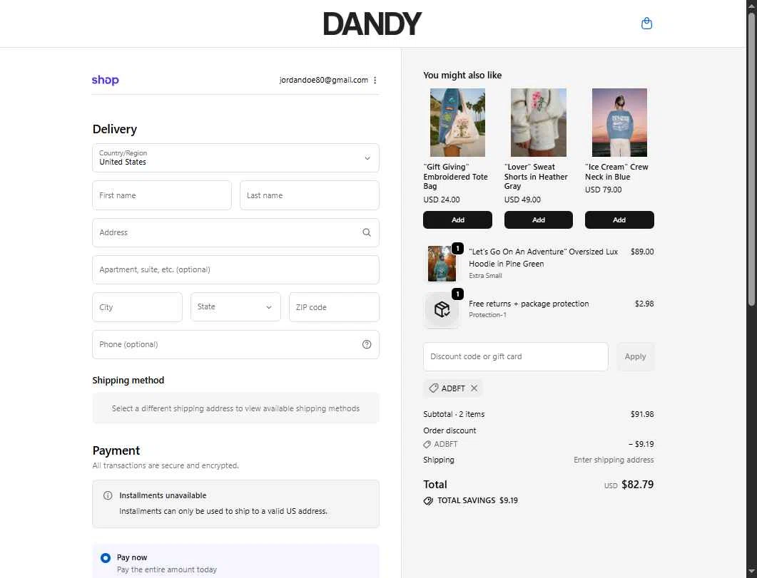 Dandy Worldwide checkout page showing Dandy Worldwide discount code box | Screenshot taken by SimplyCodes community member on Dec 3, 2025