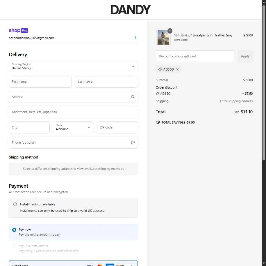 Dandy Worldwide checkout page showing Dandy Worldwide discount code box | Screenshot taken by SimplyCodes community member on May 22, 2025