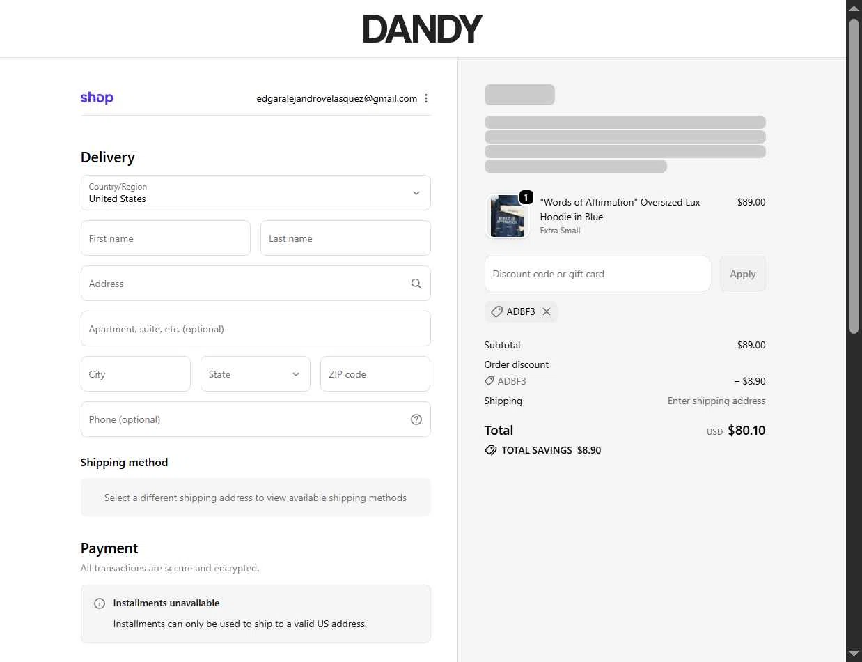 Dandy Worldwide checkout page showing Dandy Worldwide discount code box | Screenshot taken by SimplyCodes community member on Dec 3, 2025