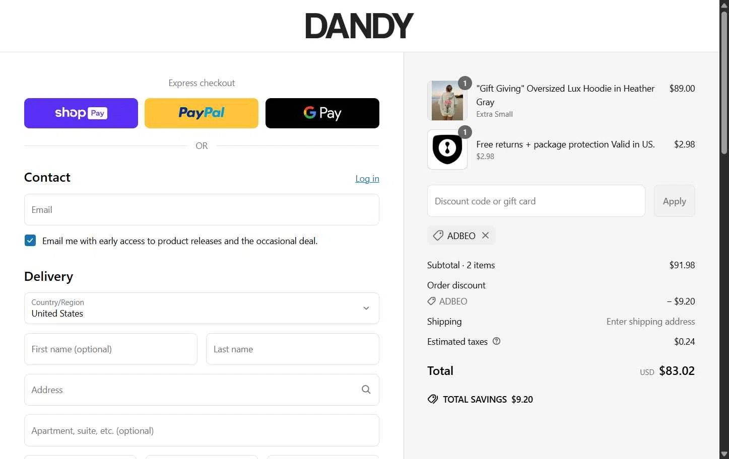Dandy Worldwide checkout page showing Dandy Worldwide discount code box | Screenshot taken by SimplyCodes community member on May 22, 2025