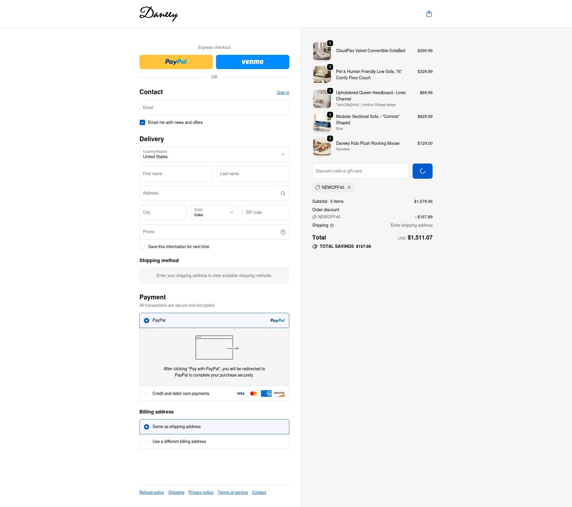 Daneey checkout page showing Daneey promo code box | Screenshot taken by SimplyCodes community member on Jan 7, 2026