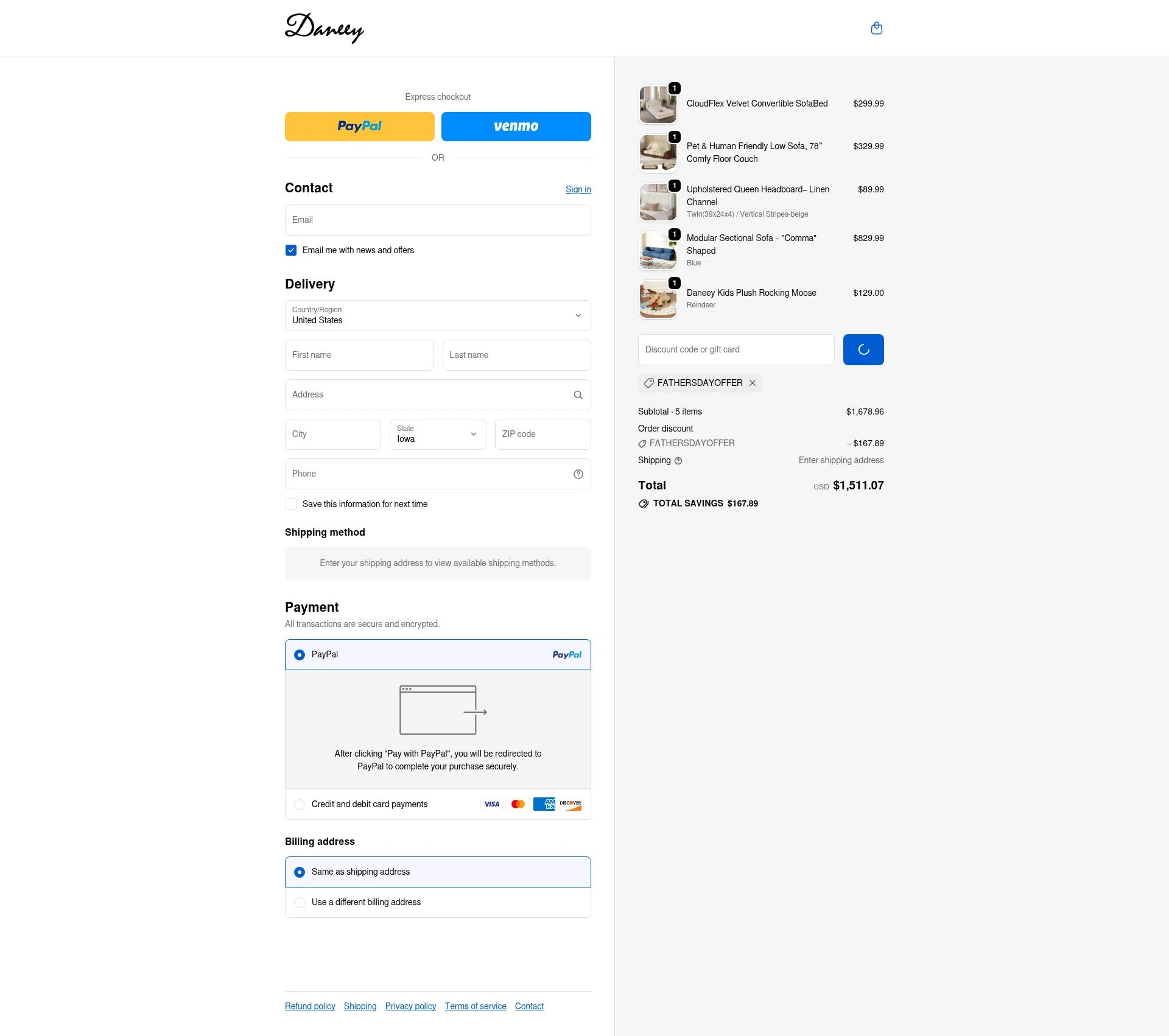 Daneey checkout page showing Daneey promo code box | Screenshot taken by SimplyCodes community member on Jan 7, 2026