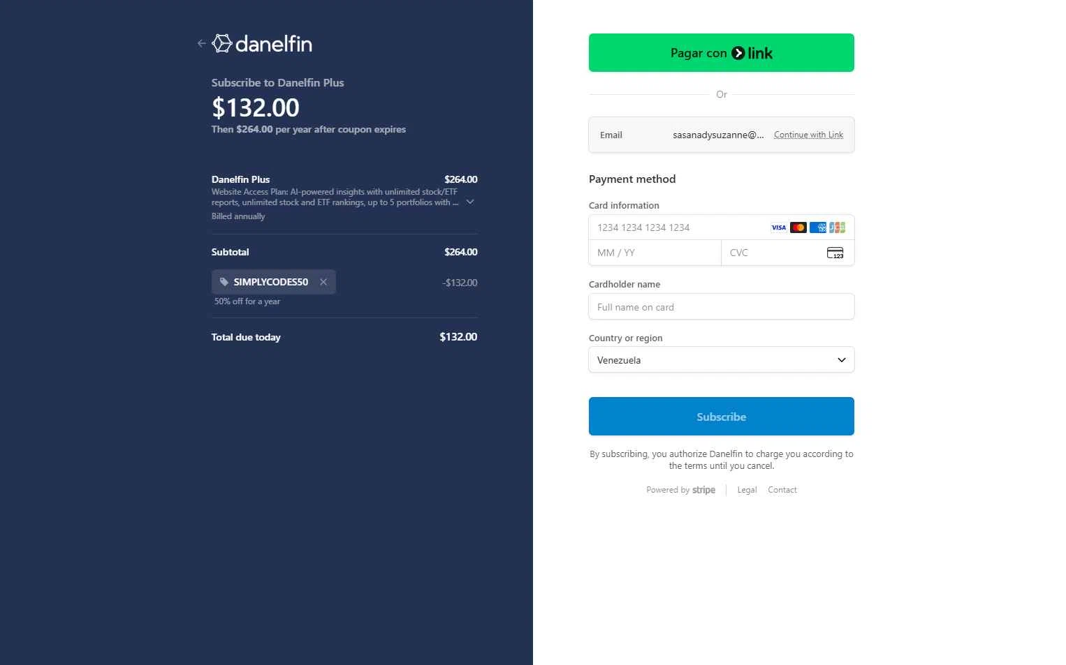 Danelfin checkout page showing Danelfin promo code box | Screenshot taken by SimplyCodes community member on Nov 5, 2025
