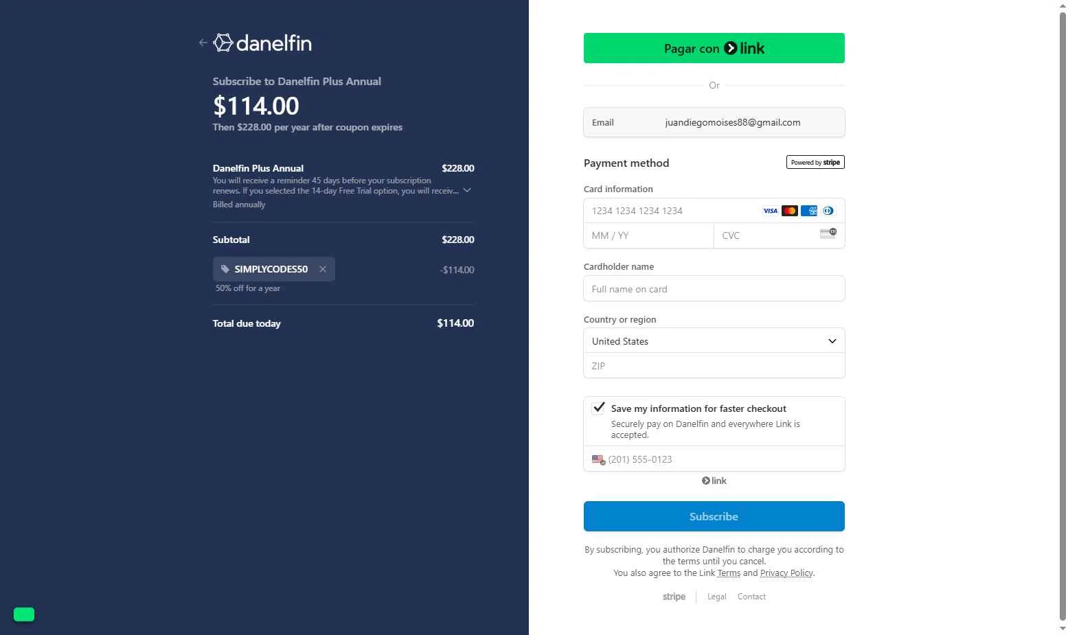 Danelfin checkout page showing Danelfin promo code box | Screenshot taken by SimplyCodes community member on Jul 23, 2025