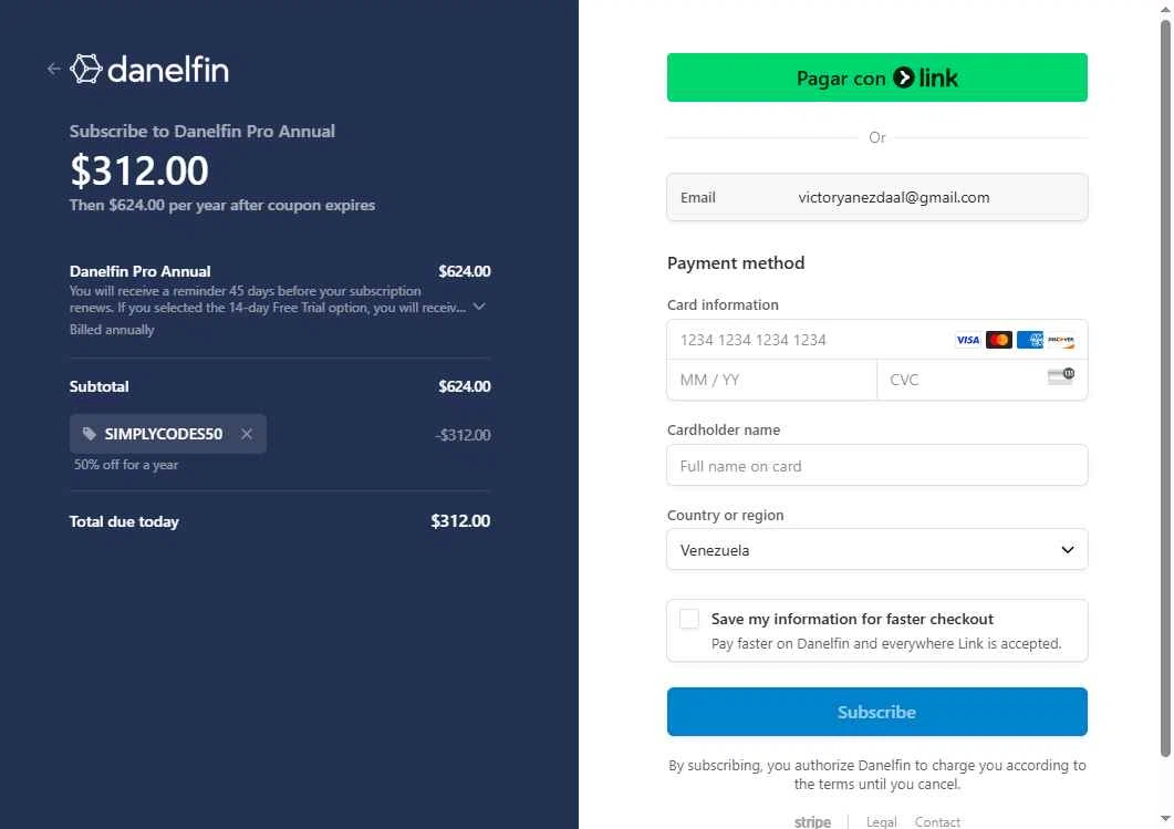 Danelfin checkout page showing Danelfin promo code box | Screenshot taken by SimplyCodes community member on Jul 23, 2025