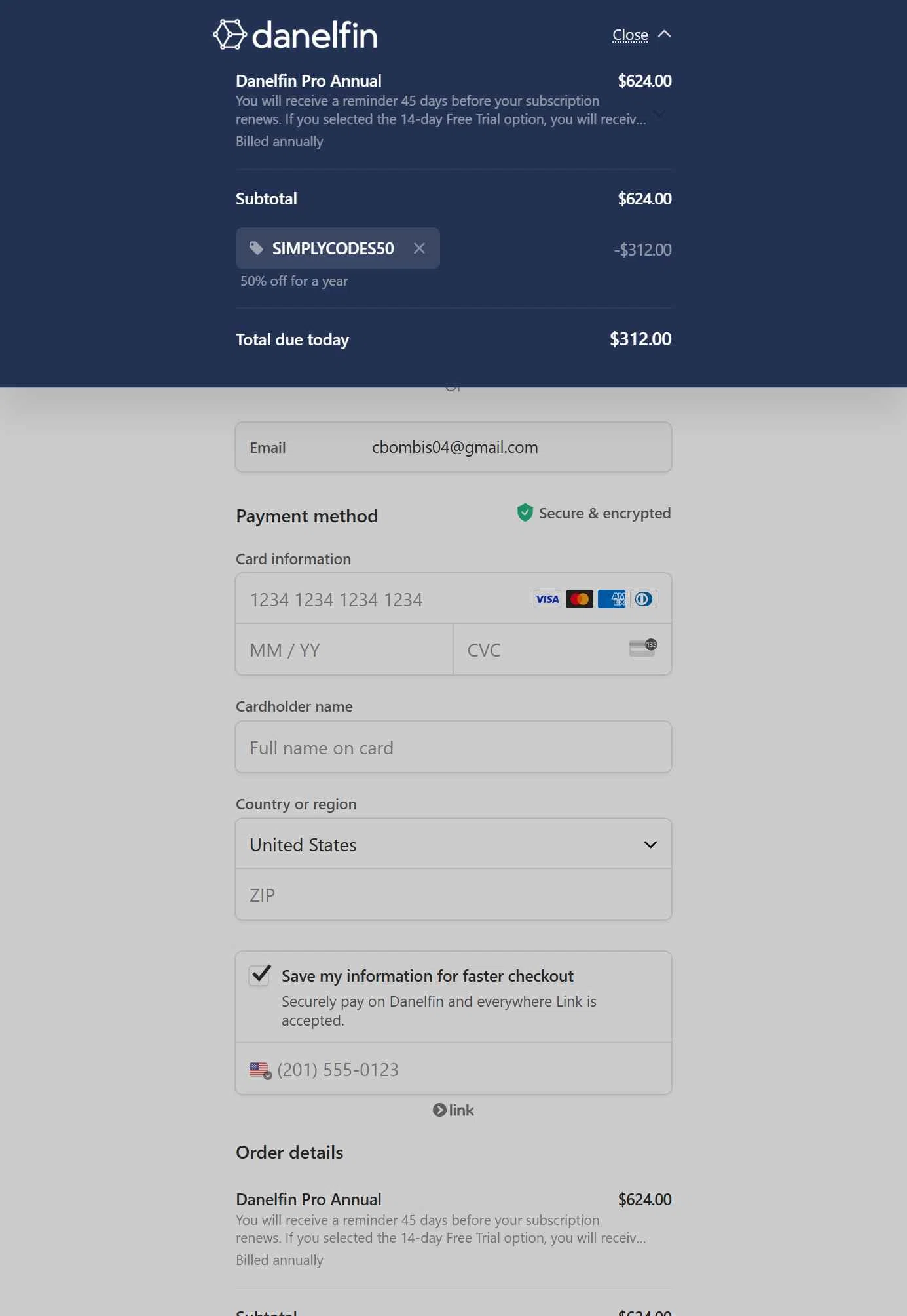 Danelfin checkout page showing Danelfin promo code box | Screenshot taken by SimplyCodes community member on Jul 23, 2025