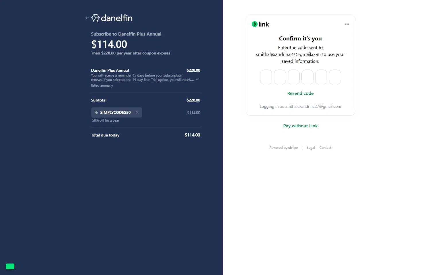 Danelfin checkout page showing Danelfin promo code box | Screenshot taken by SimplyCodes community member on Jul 23, 2025