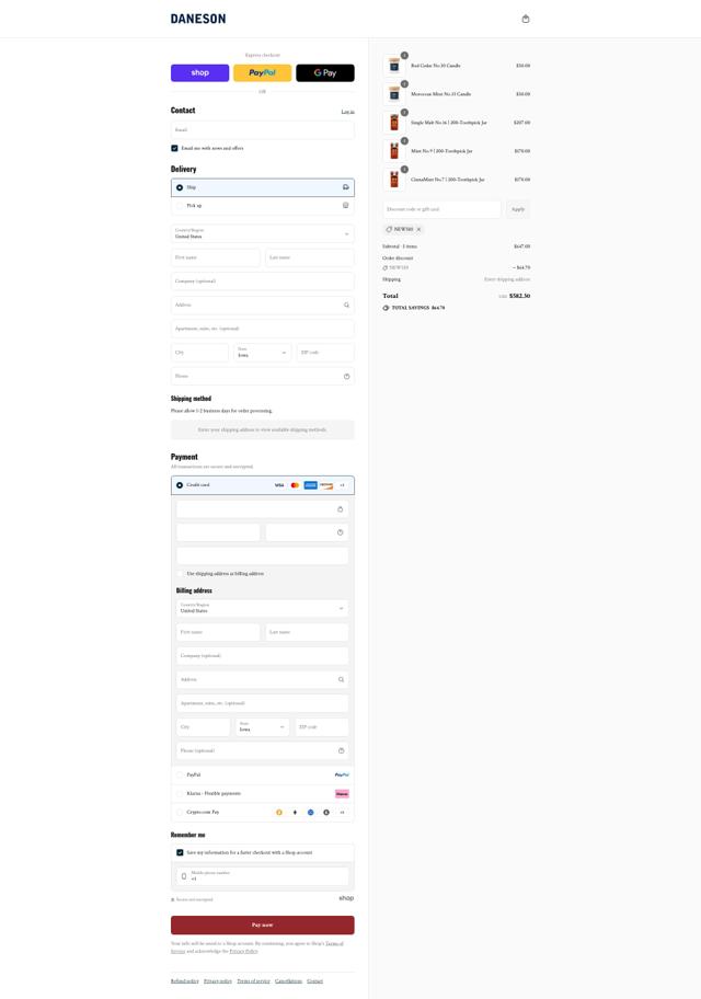 Daneson checkout page showing Daneson discount code box | Screenshot taken by SimplyCodes community member on Sep 6, 2025