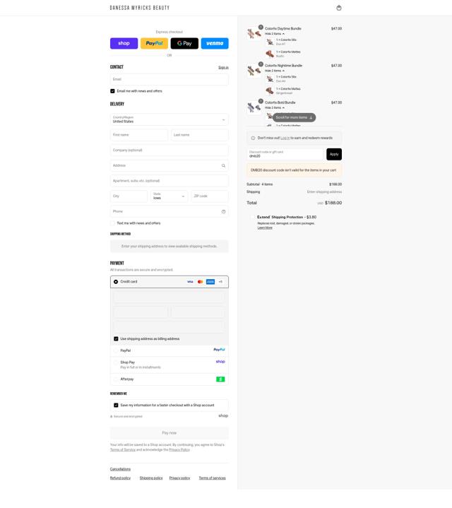 Danessa Myricks Beauty checkout page showing Danessa Myricks Beauty coupon code box | Screenshot taken by SimplyCodes community member on Sep 10, 2025