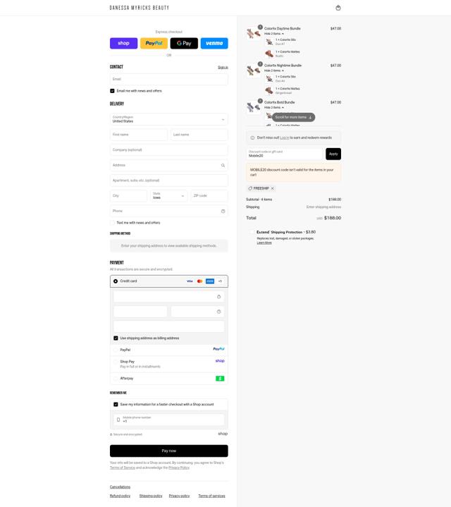 Danessa Myricks Beauty checkout page showing Danessa Myricks Beauty coupon code box | Screenshot taken by SimplyCodes community member on Sep 10, 2025