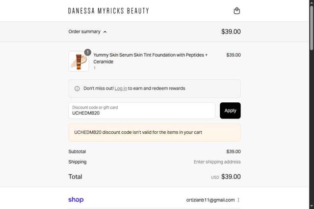 Danessa Myricks Beauty checkout page showing Danessa Myricks Beauty coupon code box | Screenshot taken by SimplyCodes community member on Sep 10, 2025