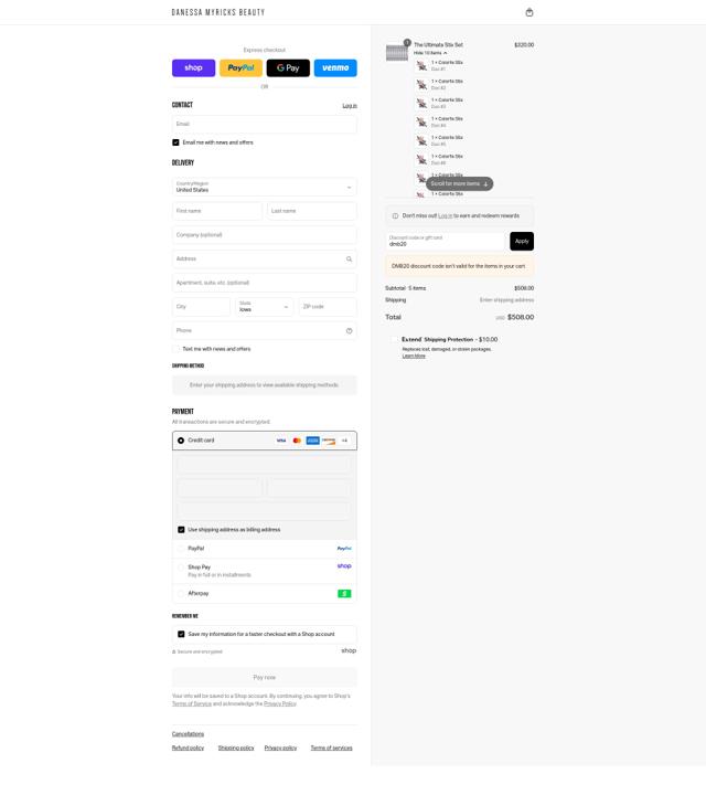 Danessa Myricks Beauty checkout page showing Danessa Myricks Beauty coupon code box | Screenshot taken by SimplyCodes community member on Sep 6, 2025
