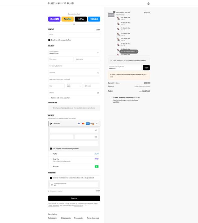 Danessa Myricks Beauty checkout page showing Danessa Myricks Beauty coupon code box | Screenshot taken by SimplyCodes community member on Aug 28, 2025