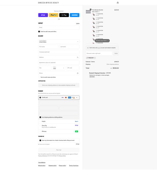 Danessa Myricks Beauty checkout page showing Danessa Myricks Beauty coupon code box | Screenshot taken by SimplyCodes community member on Sep 6, 2025