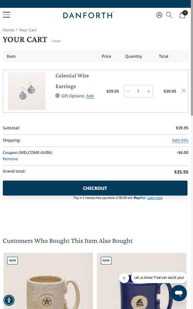 Danforth Pewter checkout page showing Danforth Pewter promo code box | Screenshot taken by SimplyCodes community member on Aug 18, 2025