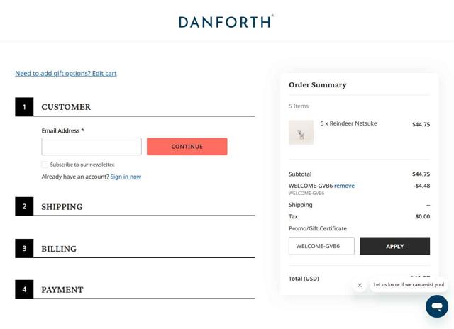 Danforth Pewter checkout page showing Danforth Pewter promo code box | Screenshot taken by SimplyCodes community member on Sep 16, 2025