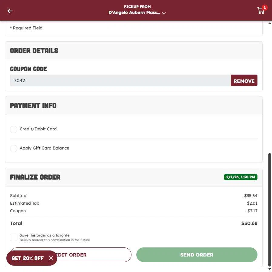 D'Angelo Grilled Sandwiches checkout page showing D'Angelo Grilled Sandwiches promo code box | Screenshot taken by SimplyCodes community member on Feb 1, 2026