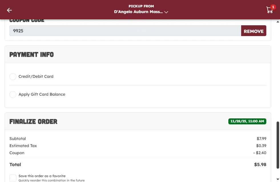 D'Angelo Grilled Sandwiches checkout page showing D'Angelo Grilled Sandwiches promo code box | Screenshot taken by SimplyCodes community member on Nov 28, 2025