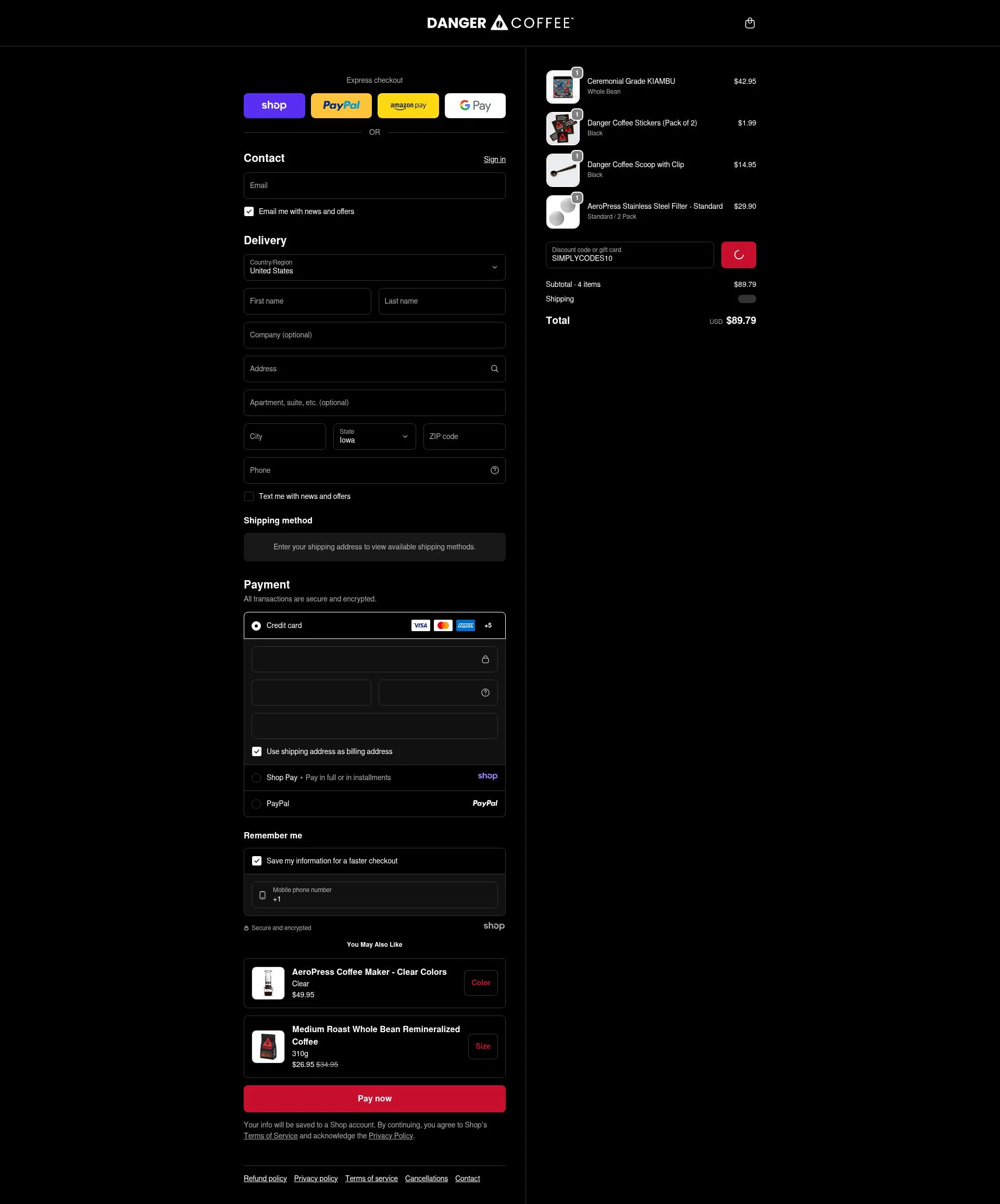 Danger Coffee checkout page showing Danger Coffee discount code box | Screenshot taken by SimplyCodes community member on Dec 21, 2025