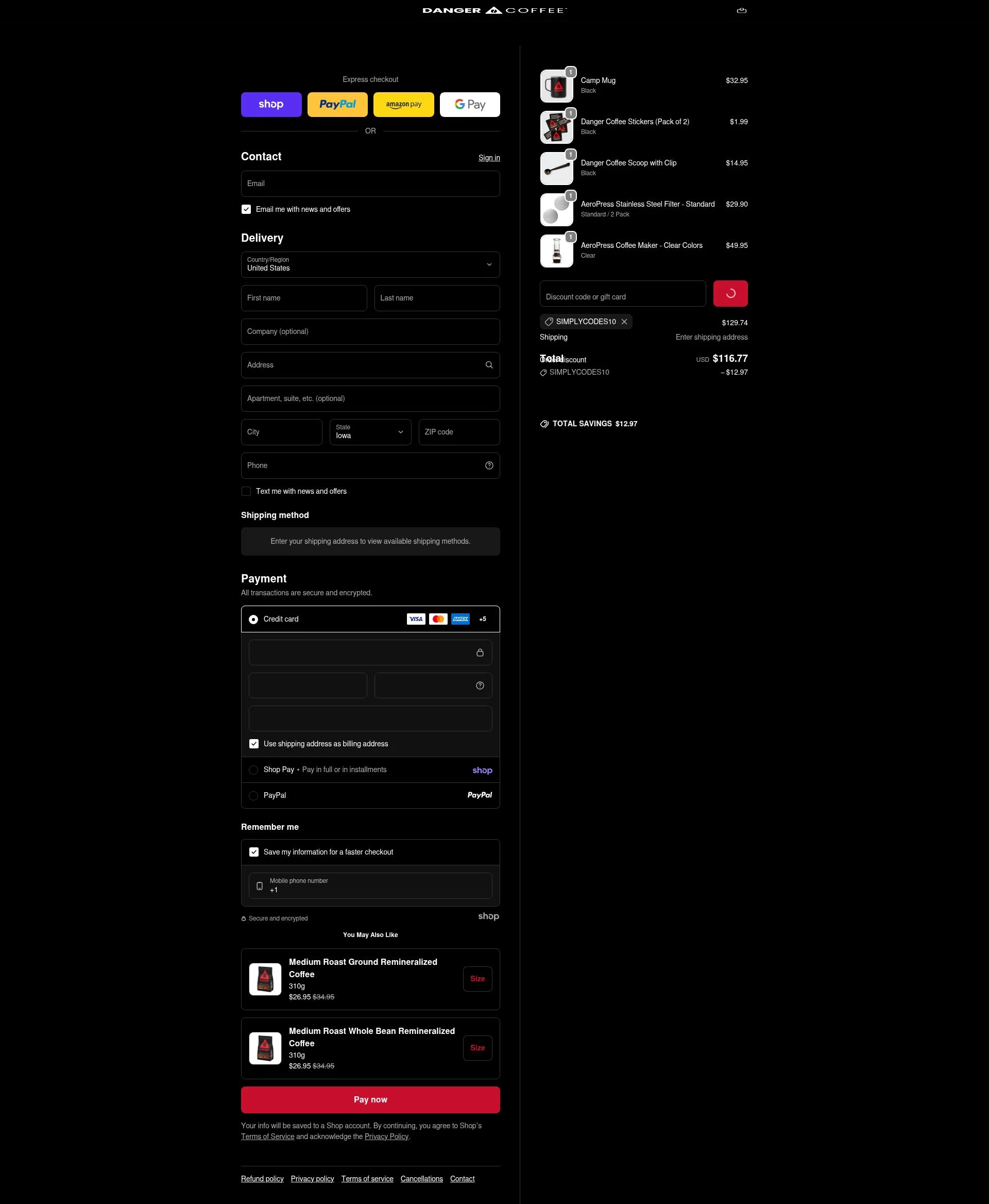 Danger Coffee checkout page showing Danger Coffee discount code box | Screenshot taken by SimplyCodes community member on Jan 21, 2026