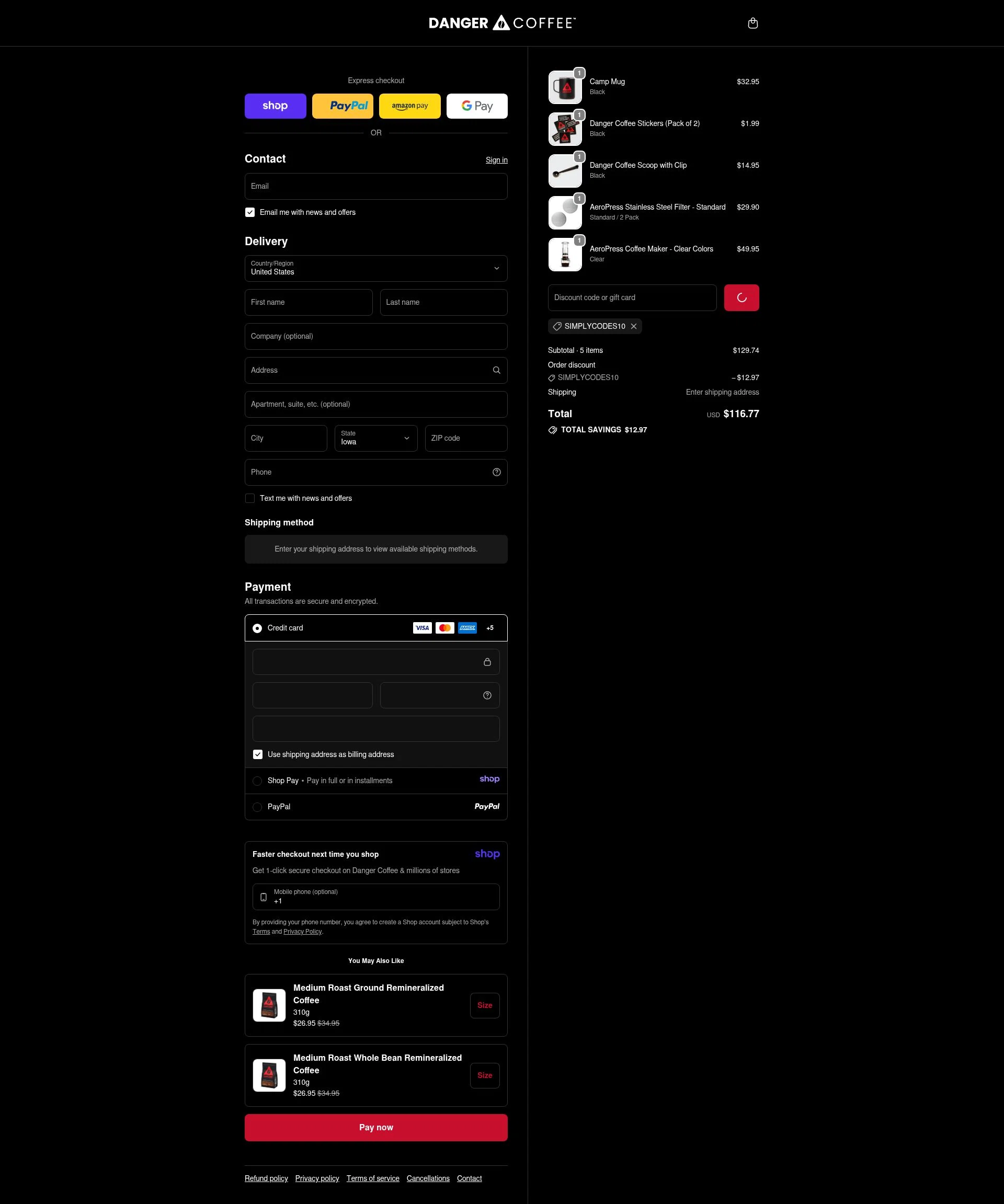 Danger Coffee checkout page showing Danger Coffee discount code box | Screenshot taken by SimplyCodes community member on Jan 15, 2026
